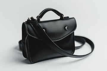 Naklejka premium Leather handbag fashion accessory features black color and white stitching with a top handle and strap on a plain background