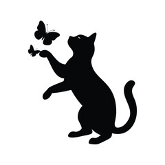 Silhouette of a black cat reaching for two butterflies on a white background, cat catching butterfly silhouette vector illustration