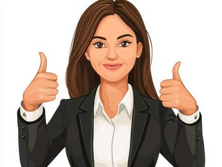 Professional businesswoman giving thumbs up sign in formal attire, smiling confidently at the viewer in a positive, cheerful manner