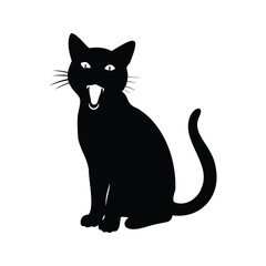 Silhouette of a black cat with fangs in a seated position, cat meowing silhouette vector illustration