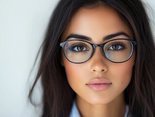 Close-Up Portrait of a Young Woman Wearing Glasses with Long Hair and Natural Makeup on a Light Background