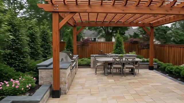 Outdoor patio with wooden pergola, stone kitchen and dining area in the garden