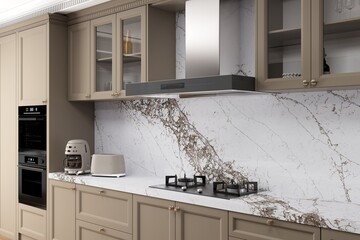 Modern kitchen interior with a white glossy marble worktop, a wooden shelf beneath the countertop. Mockup. High Resolution. Mockup. 3D Rendering
