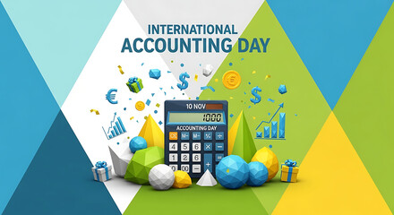 abstract geometric background, calculator, globe, accounting icons, text "INTERNATIONAL ACCOUNTING DAY", colorful, minimalist, digital illustration
