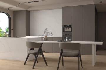 Bright kitchen interior with empty white wall, panoramic window, sink, gas cooker, crockery, oak wooden floor. Concept of minimalist design. Mock up. 3D Rendering
