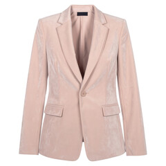 A light, dusty rose-colored, single-breasted blazer with a classic collar showcases a subtle textured surface.