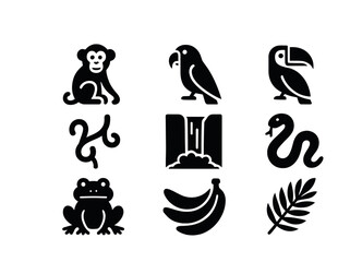 Jungle animal icons: monkey, parrot, toucan, snake, frog, waterfall, bananas, leaf