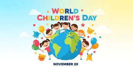 3D illustration, earth globe, cartoon children, colorful characters, toys, balloons, text "World Children's Day November 20", vibrant colors, playful, whimsical, digital art