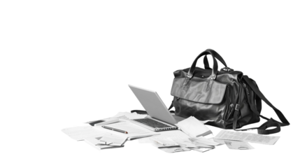 Top-Down View of Laptop and Documents on white background