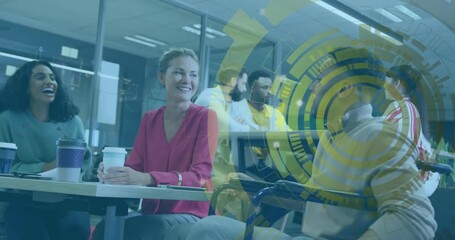 Office team sweeping overlay scrolling data and tapping table rotating graphic for business meeting - Powered by Adobe