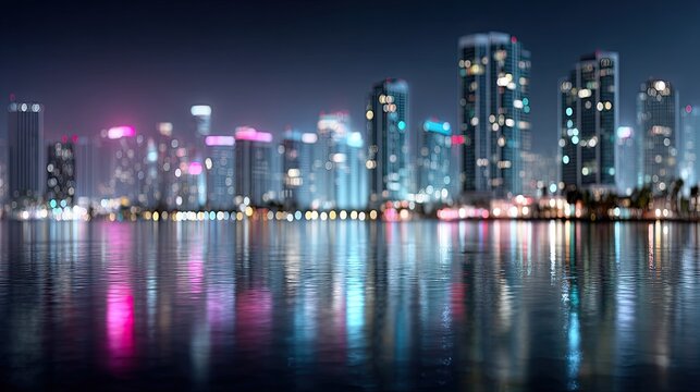 Night City Skyline with Illuminated Buildings Reflecting in Water Under Dark Blue Sky