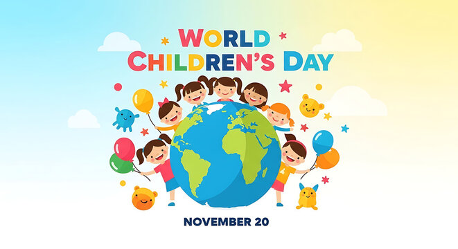 3D illustration, earth globe, cartoon children, colorful characters, toys, balloons, text "World Children's Day November 20", vibrant colors, playful, whimsical, digital art
