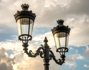 Ornate black street lamps against a cloudy sky