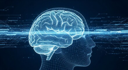Digital Illustration of Brain in Human Head Silhouette with Blue Light and Connected Dots over Black Background