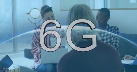 Team discussing 6G launch initiating animated Earth arc and 6G text appearing over technology hub - Powered by Adobe