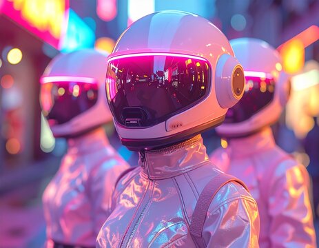 Anonymous figures in sleek, futuristic white helmets with luminous pink neon visors stand against a vibrant, blurred urban nightscape, embodying advanced technology and a modern sci-fi aesthetic