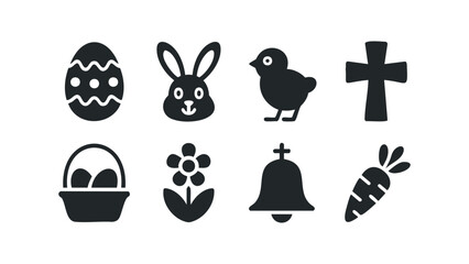 Set of simple black Easter themed icons on white background. Vector hand drawn illustration