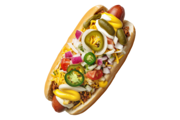 Colombia Perro Caliente Hot Dog Colombiano topped with mustard, red onions, pickles, chili, tomatoes, isolated on white transparent background, concept of fast food and street cuisine