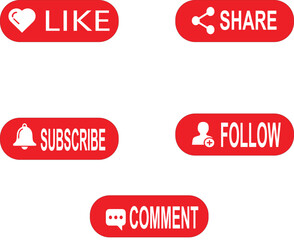 Red social media buttons with Like, Share, Subscribe, Follow, and Comment