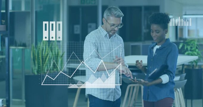 Colleagues tapping tablet growing smartphone icon into cloud turning charts into business workflow - Powered by Adobe