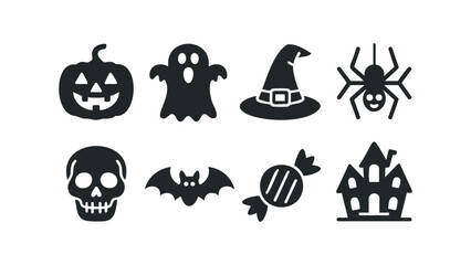 Halloween Icons Set Scary Pumpkin Ghost Spider Witch Hat. Vector hand drawn illustration
