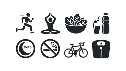 Healthy lifestyle icons set depicting exercise and nutrition. Vector hand drawn illustration