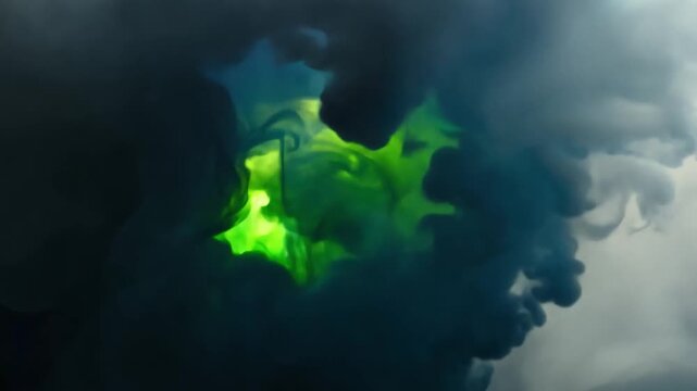 Abstract Smoke Spectacle: An artistic fusion of swirling smoke in shades of black, grey, and a vibrant green, a visual paradox of ethereal elegance and dynamic movement.