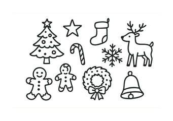 Festive black and white christmas icons featuring tree, reindeer, and gingerbread figures