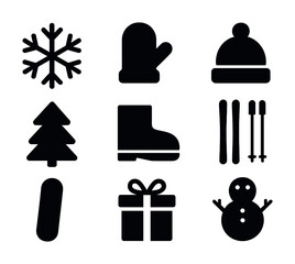 Winter symbols: snowflake, mitten, cap, tree, boots, skis, snowboard, gift, snowman