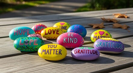 Colorful painted stones with positive messages