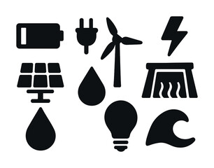 Energy icons set with battery, wind turbine, solar panel, plug, and more
