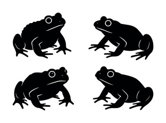Silhouette of four frogs in various poses on white background