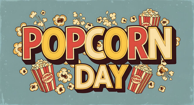 popcorn day, retro vintage style, text art, colorful popcorn kernels, corn, butter, seasoning, movie theater, 1950s, bold typography, illustration, digital art
 - Powered by Adobe