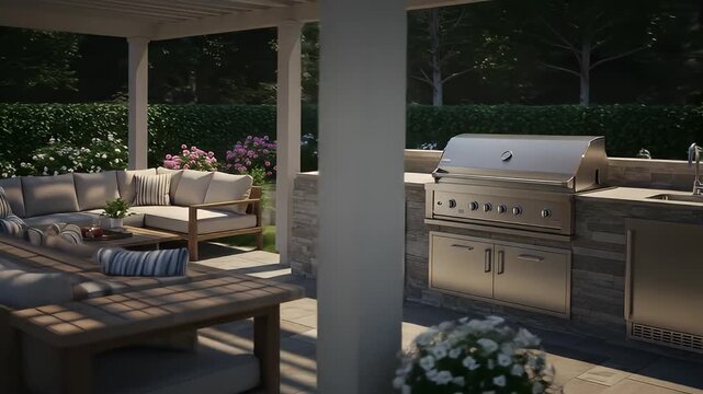 Outdoor kitchen and living space, featuring grill, sink, seating, and lush greenery