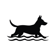 Silhouette of a dog trotting happily through shallow water or waves, dog swimming silhouette vector illustration