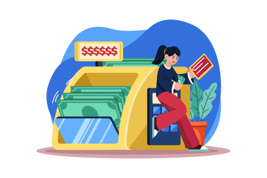 Cartoon Woman Paying at Yellow Cash Register with Green Money and Credit Card on Transparent Background - Powered by Adobe