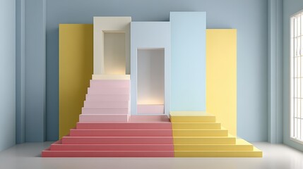 Modern minimalist colorful staircase platform with geometric structures in pastel shades for interior design and art display