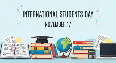 colorful books, graduation cap, globe, laptop, stationery, november 17, international students day, flat design

