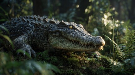 Obraz premium A cunning American alligator lurking just beneath the swamp surface, sharp snout and eyes visible, high-resolution close-up, natural soft lighting