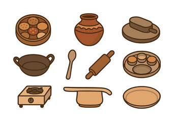 Traditional kitchen utensils and crockery set with pots, pans, rolling pin, and stove