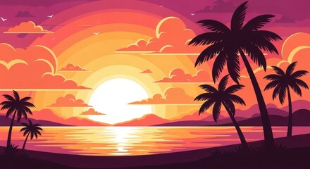 Vibrant sunset over tropical ocean with silhouetted palm trees and reflective water
