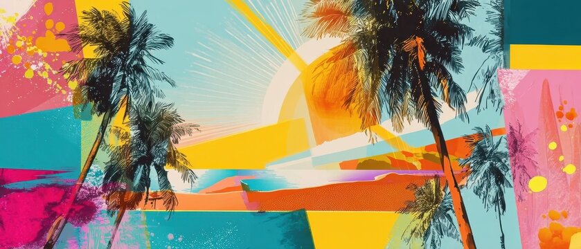 Summer-themed artistic collage with palm trees, beach scenery, and sunset hues. Blending vintage and tropical for a unique look. Ideal for various applications.