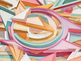 Colorful geometric abstract art with concentric circles and triangular shapes in pastel shades for modern design and creative projects