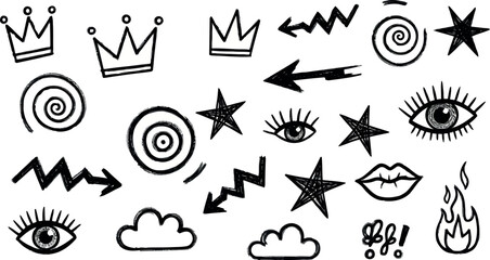 Vector art of collection of handdrawn doodle icons, including crowns, stars, eyes, and lips