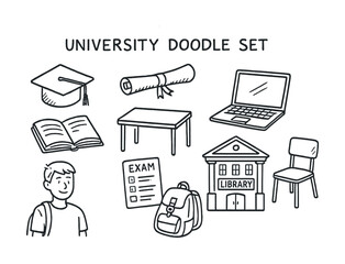 University doodle set with books, graduation cap, library, and laptop illustrations