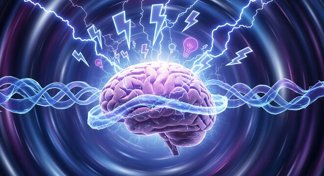 Creative Storm Brainwave: Photo of a brain storming with lightning icons for spark (bolt), flow (wave). Electric blues and purples.
