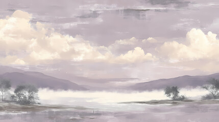 Fototapeta premium A serene landscape painting featuring soft pastel colors and a misty lake reflecting the sky.