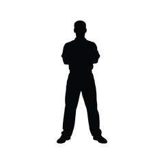 Silhouette of a confident man standing with arms crossed and looking forward, mechanic standing with arms crossed silhouette vector illustration