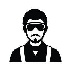 Black and white iconic image of a mustachioed man with glasses and suspenders, mechanic with safety goggles silhouette vector illustration