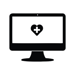 Digital Healthcare Interface Showing Heart with Plus Symbol on Monitor Screen, medical computer screen silhouette vector illustration